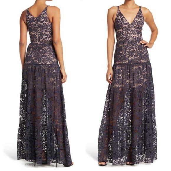 Dress the Population Olinda Lace Maxi Dress Navy & Gold Size Small NWT - Picture 1 of 9